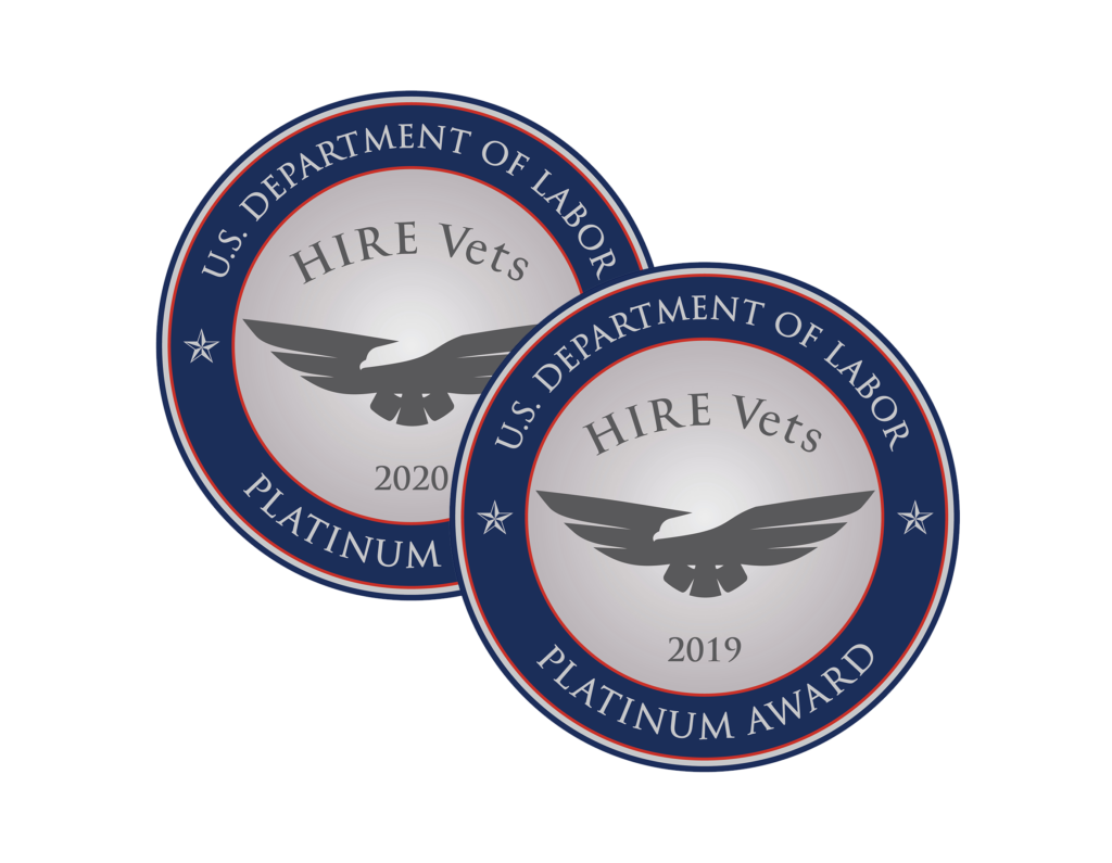 2020 and 2019 Department of Labor HIRE Vets Platinum Award Medallions